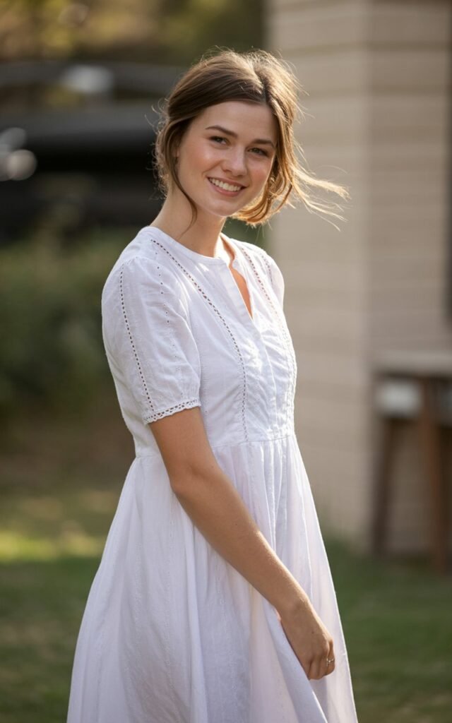 A natural-looking young woman wearing a classic white dress with textured details like lace or eyelet. Theme family photo outfits