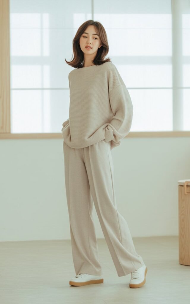 A natural-looking young woman wearing a coordinated lounge set paired with sleek modern sneakers. Theme korean casual outfits