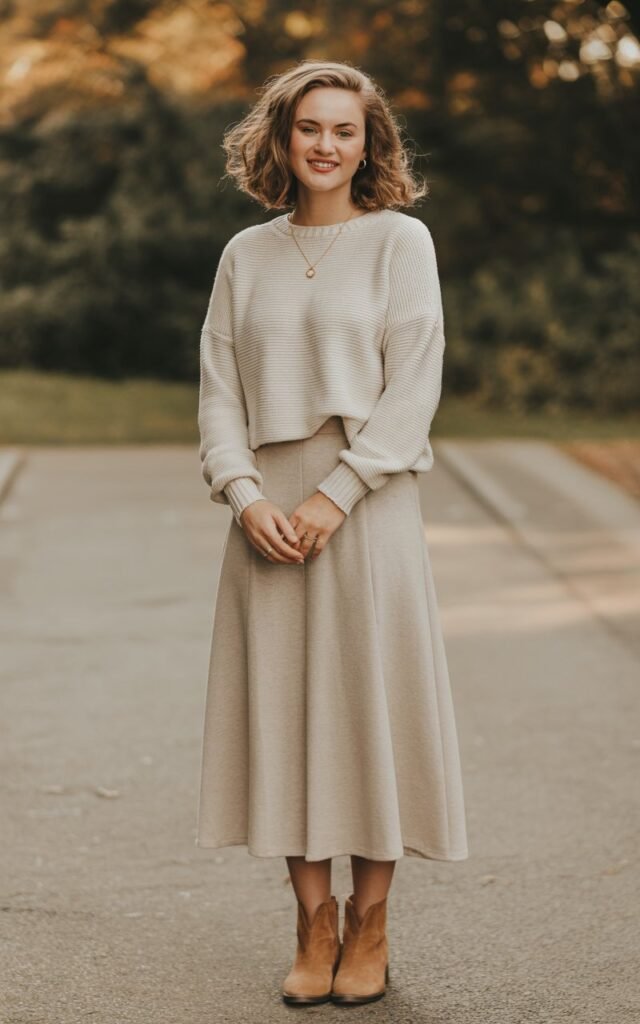 A natural-looking young woman wearing a coordinated matching knit set in soft neutral tones with ankle boots. Theme family photo outfits