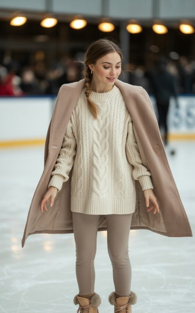 A natural-looking young woman wearing a coordinated neutral-toned winter outfit. Theme ice skating outfit