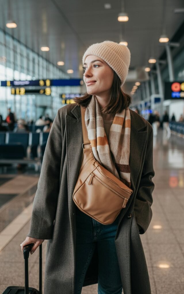 A natural-looking young woman wearing a cozy beanie and a crossbody bag paired with a chic winter travel outfit. Theme airport outfit winter
