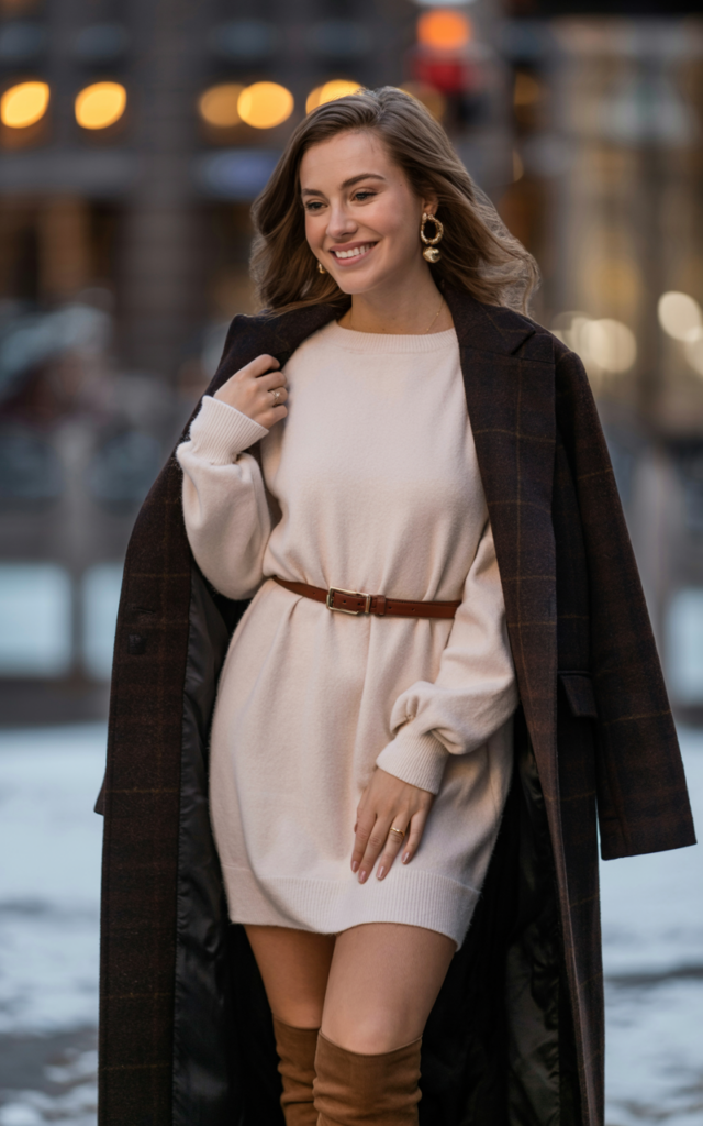 A natural-looking young woman wearing a cozy sweater dress with knee-high boots, a belted waist, statement earrings, and a wool coat. Theme date night outfit winter