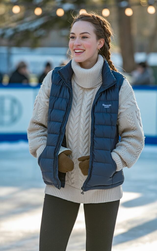 A natural-looking young woman wearing a cozy turtleneck styled with a quilted vest. Theme ice skating outfit
