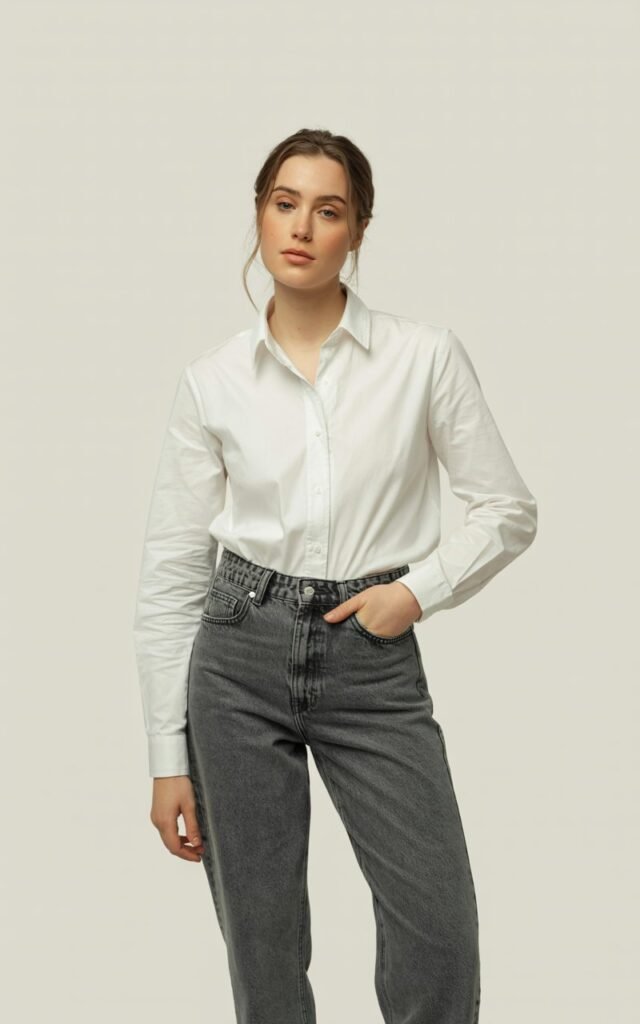 A natural-looking young woman wearing a crisp button-down shirt with straight-leg jeans. Theme lookbook outfits