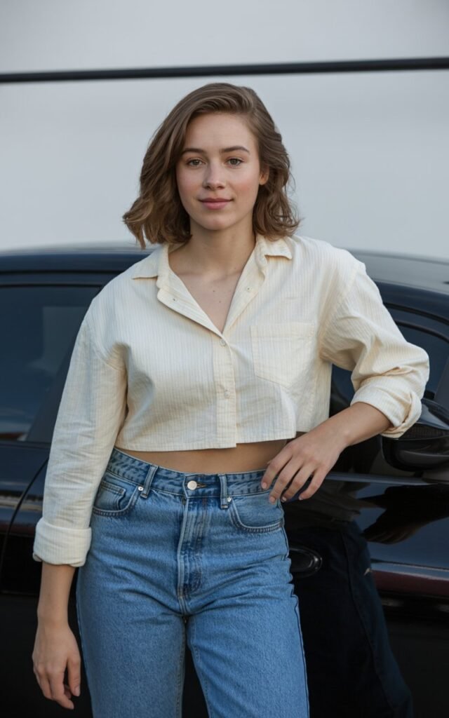 A natural-looking young woman wearing a cropped button-down shirt with classic mom jeans. Theme crop top outfits