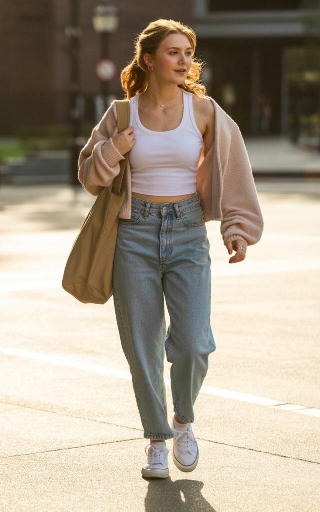 “A natural-looking young woman wearing a cropped cardigan layered over a basic tank top with mom jeans. Theme cute outfits for school”