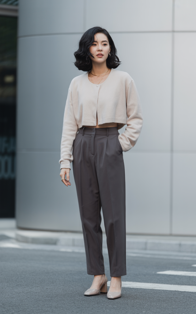 A natural-looking young woman wearing a cropped cardigan styled with high-waisted tailored trousers and minimal neutral heels. Theme korean casual outfits