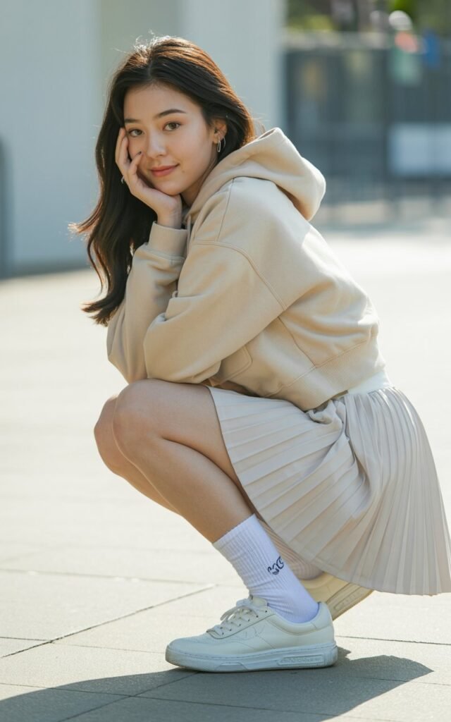 A natural-looking young woman wearing a cropped hoodie paired with a tennis skirt, crew socks, and sneakers. Theme korean casual outfits