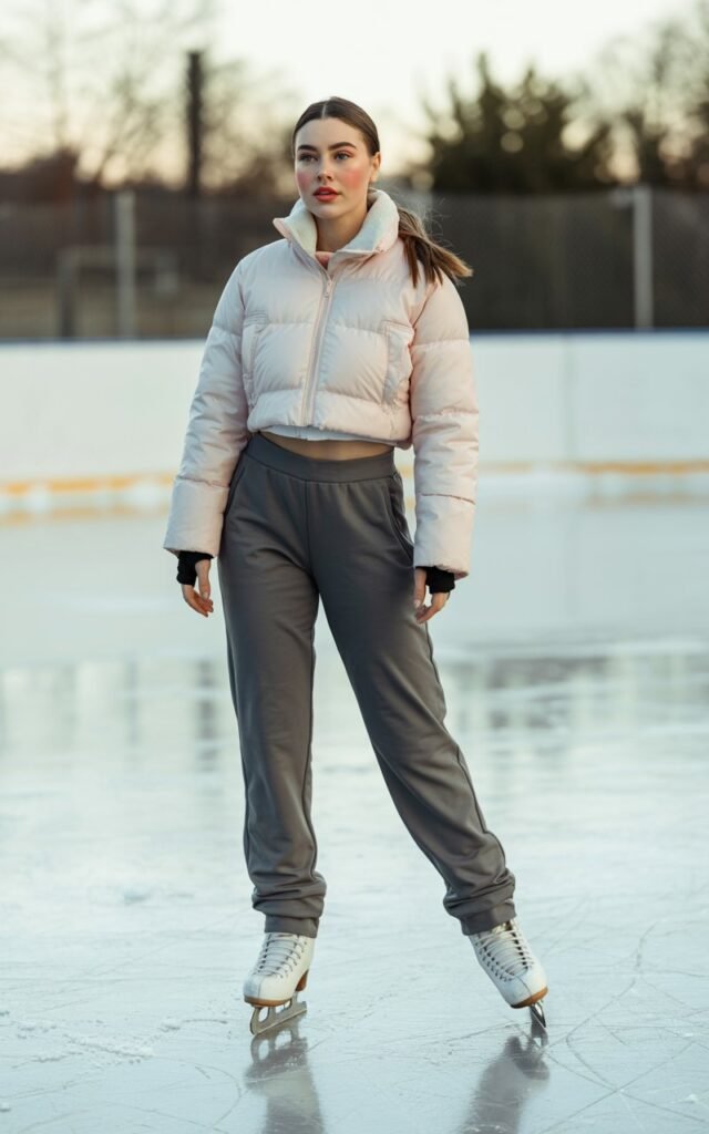A natural-looking young woman wearing a cropped jacket styled with high-rise joggers. Theme ice skating outfit