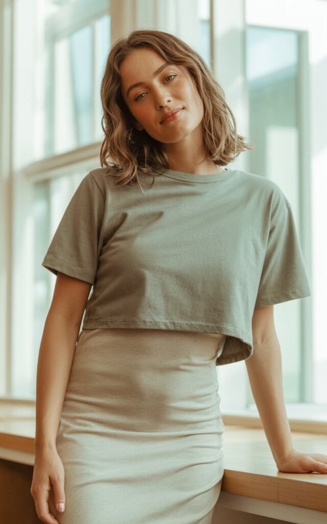 A natural-looking young woman wearing a cropped tee layered over a fitted dress for a casual look. Theme crop top outfits
