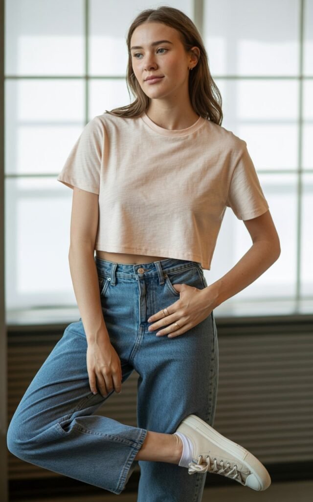 A natural-looking young woman wearing a cropped tee paired with high-waisted straight-leg jeans and sneakers. Theme crop top outfits