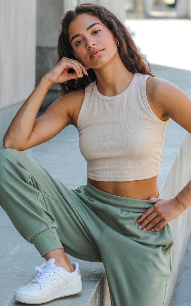 A natural-looking young woman wearing a cropped top styled with relaxed joggers and clean sneakers. Theme crop top outfits