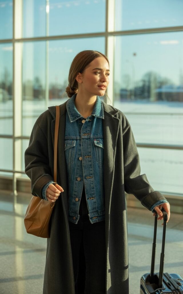 A natural-looking young woman wearing a denim jacket layered under a wool coat. Theme airport outfit winter