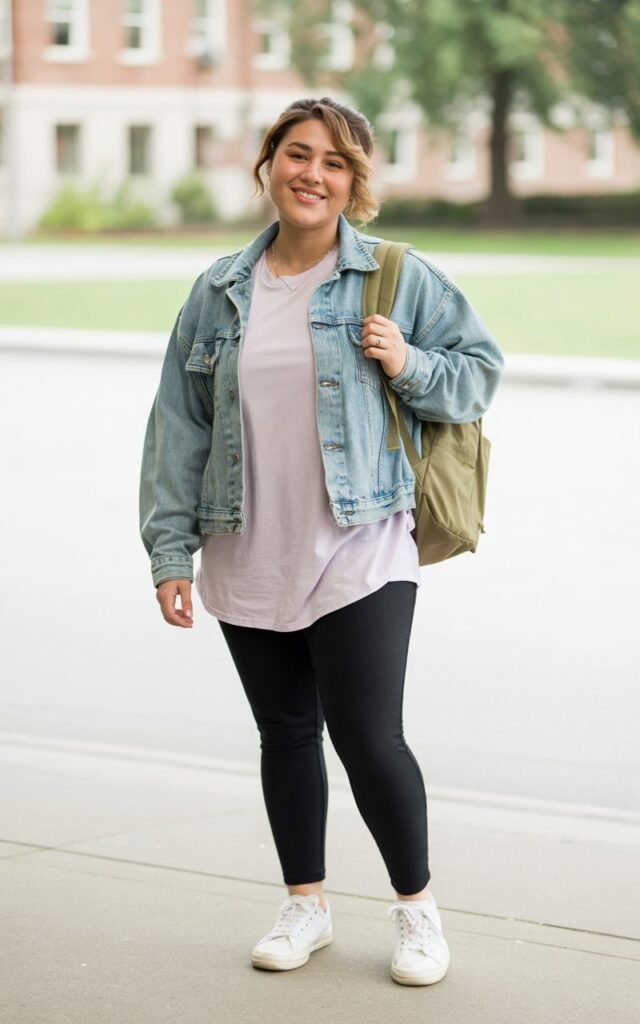 “A natural-looking young woman wearing a denim jacket over a simple tee and black leggings. Theme cute outfits for school”
