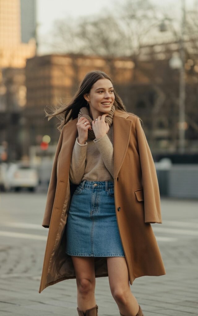 A natural-looking young woman wearing a denim mini skirt styled with a camel coat. Theme mini skirt outfit winter