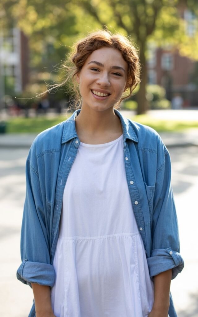 “A natural-looking young woman wearing a denim shirt layered over a basic dress. Theme cute outfits for school”