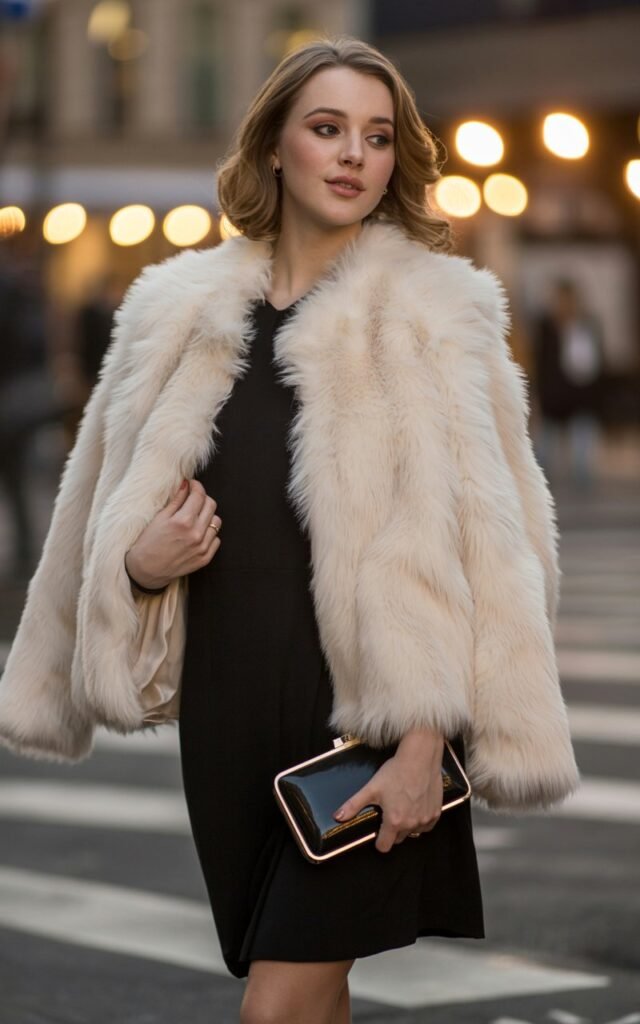 A natural-looking young woman wearing a faux fur coat over a little black dress with sleek heels and a minimal clutch. Theme date night outfit winter