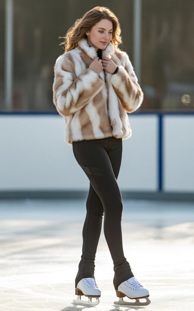 A natural-looking young woman wearing a faux-fur jacket paired with sleek black leggings. Theme ice skating outfit