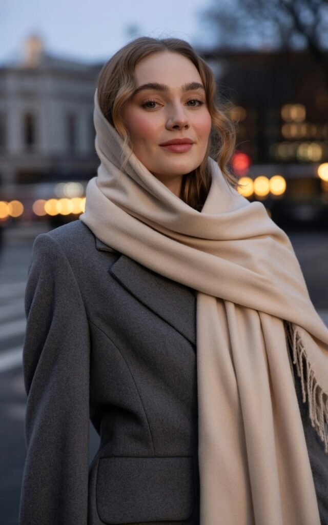 A natural-looking young woman wearing a fitted coat draped with a luxurious cashmere scarf. Theme date night outfit winter