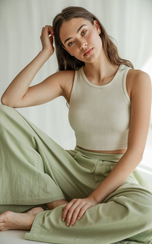 A natural-looking young woman wearing a fitted crop top paired with wide-leg pants. Theme lookbook outfits
