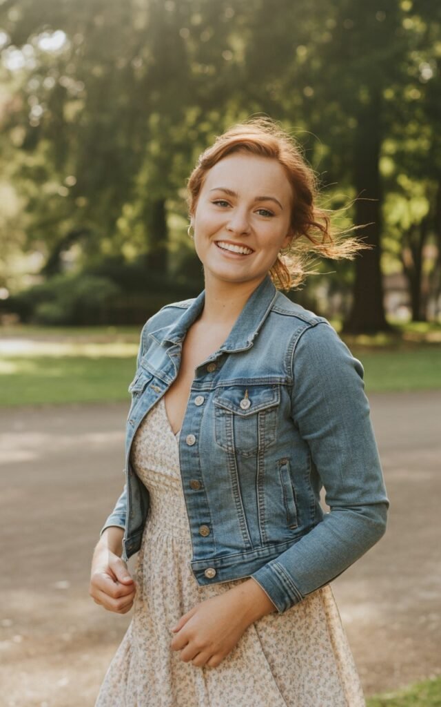 A natural-looking young woman wearing a fitted denim jacket layered over a flowy sundress. Theme family photo outfits