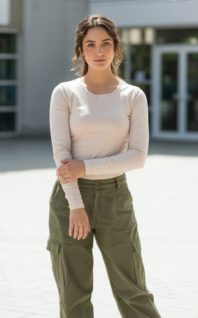 “A natural-looking young woman wearing a fitted long-sleeve top tucked into relaxed cargo pants. Theme cute outfits for school”