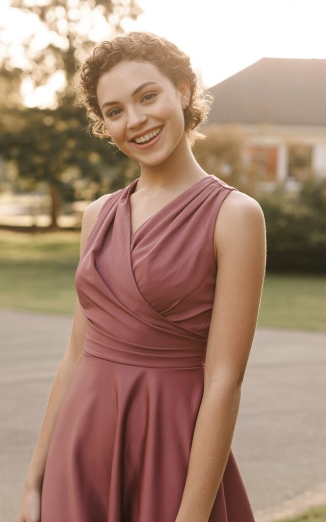 A natural-looking young woman wearing a flattering wrap dress that defines the waist in a solid color. Theme family photo outfits