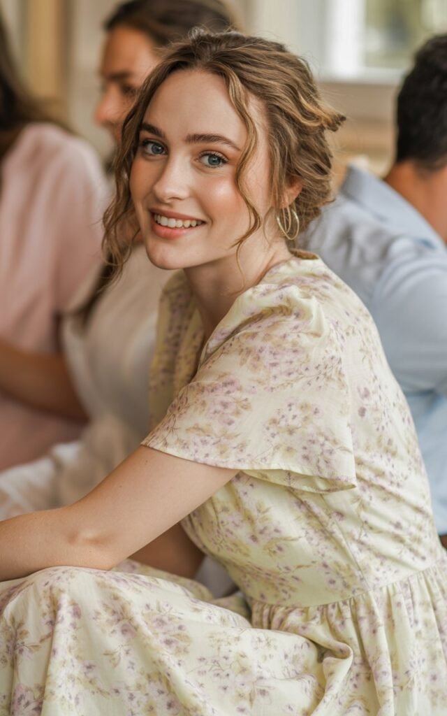 A natural-looking young woman wearing a floral midi dress with subtle, delicate prints. Theme family photo outfits