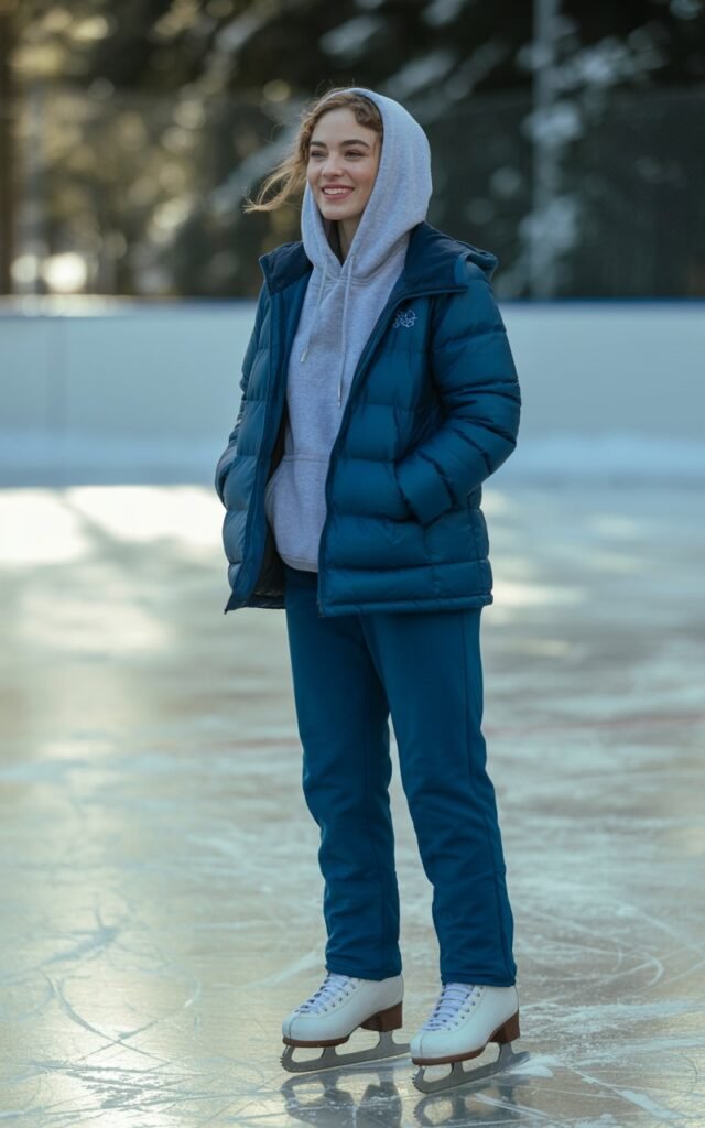 A natural-looking young woman wearing a hoodie paired with a warm puffer jacket. Theme ice skating outfit