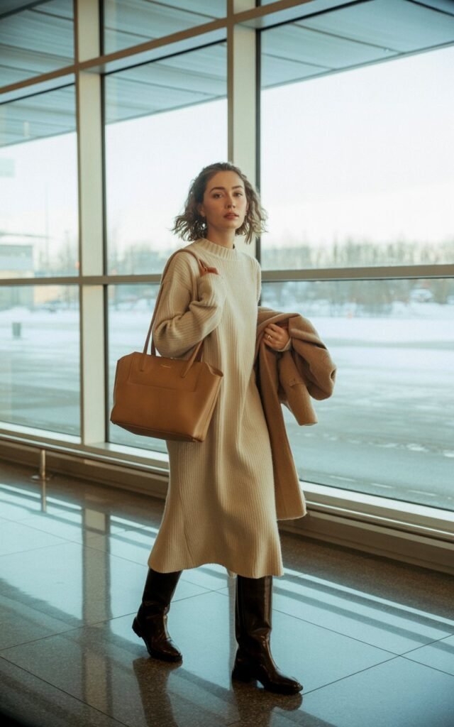 A natural-looking young woman wearing a knit midi dress with knee-high boots. Theme airport outfit winter