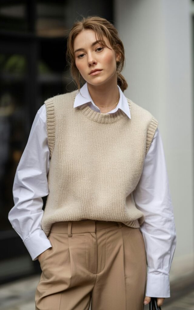 A natural-looking young woman wearing a knit vest layered over a crisp button-down shirt with tailored trousers. Theme korean casual outfits