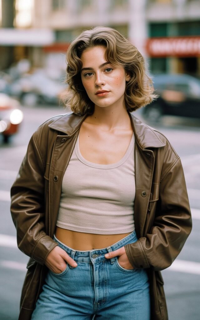 A natural-looking young woman wearing a leather jacket layered over a neutral tank top and jeans. Theme 90s outfits