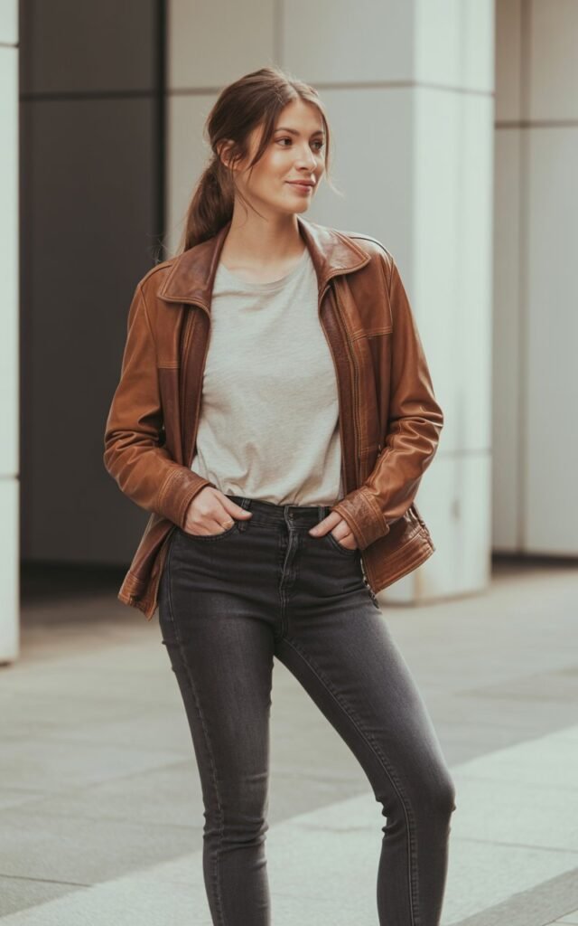 A natural-looking young woman wearing a leather jacket layered over skinny jeans and a simple tee. Theme lookbook outfits