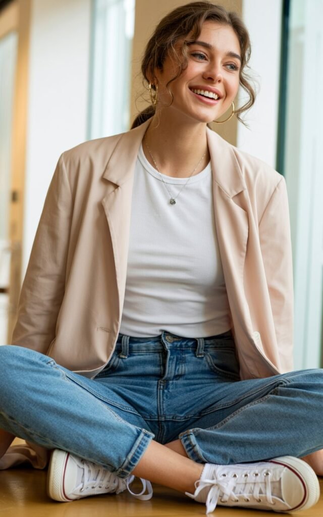 “A natural-looking young woman wearing a lightweight blazer layered over a tee and jeans. Theme cute outfits for school”