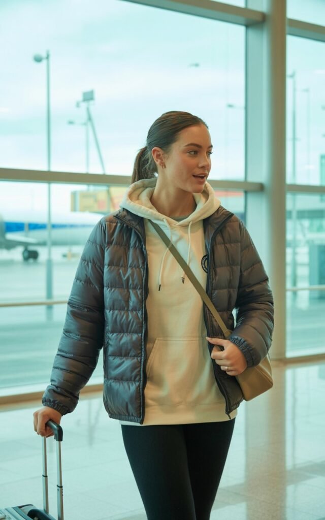 A natural-looking young woman wearing a lightweight puffer jacket over a hoodie and leggings. Theme airport outfit winter