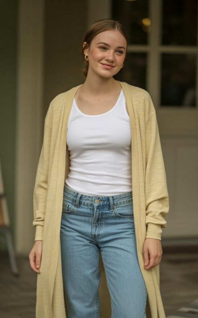 A natural-looking young woman wearing a long cardigan layered over a fitted tank top and classic jeans. Theme family photo outfits