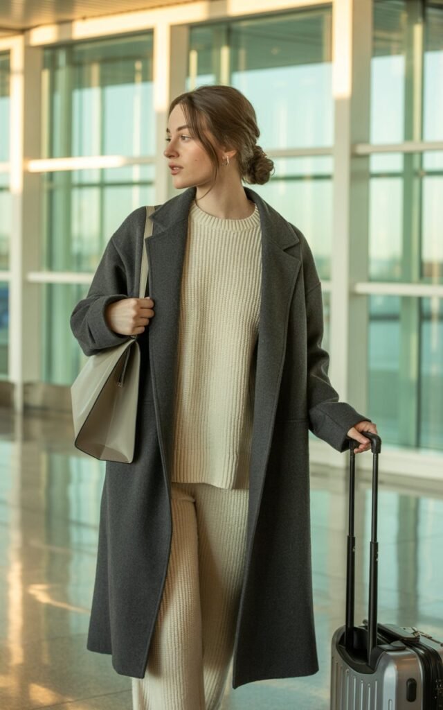 A natural-looking young woman wearing a long wool coat layered over a matching knit set. Theme airport outfit winter