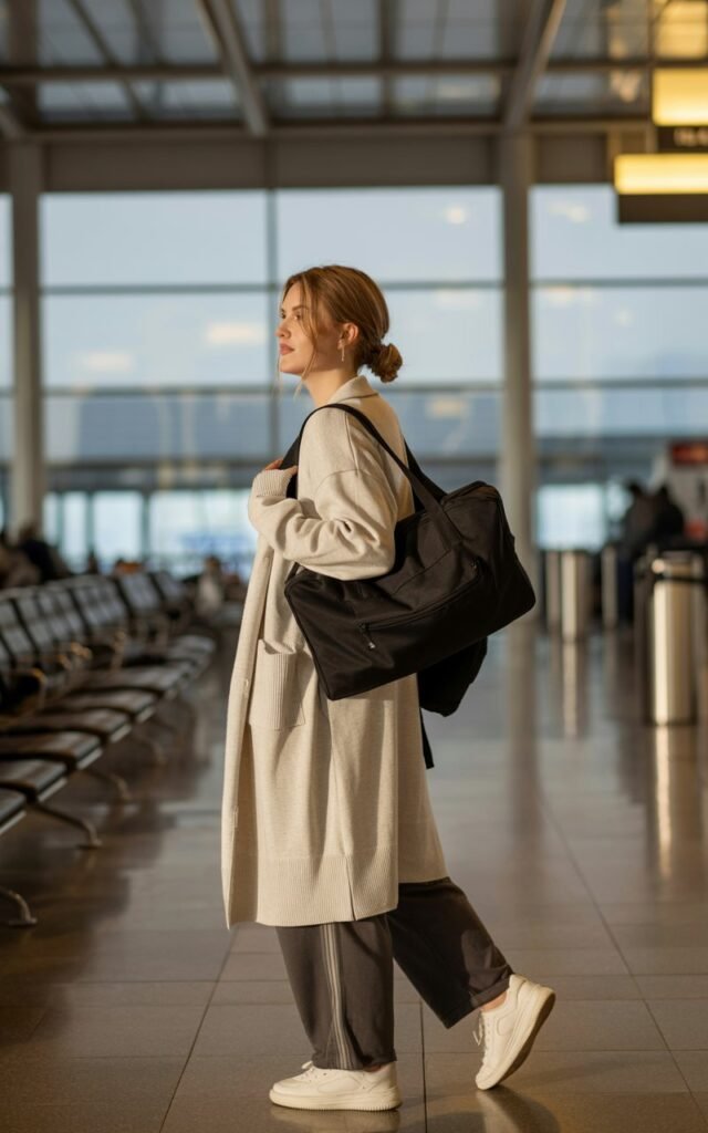 A natural-looking young woman wearing a longline cardigan with comfortable travel pants. Theme airport outfit winter