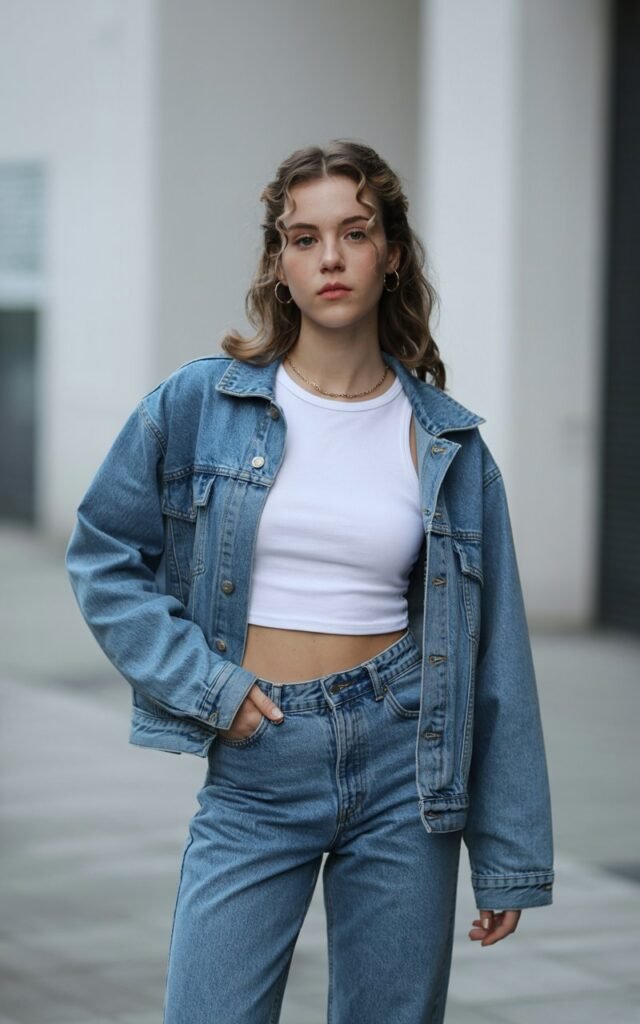 A natural-looking young woman wearing a matching denim jacket and jeans for a head-to-toe denim look. Theme 90s outfits