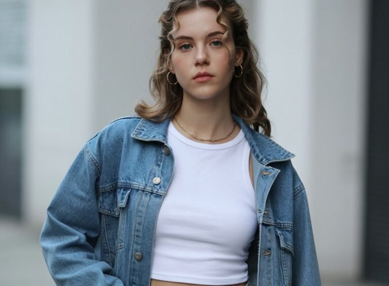 A natural-looking young woman wearing a matching denim jacket and jeans for a head-to-toe denim look. Theme 90s outfits