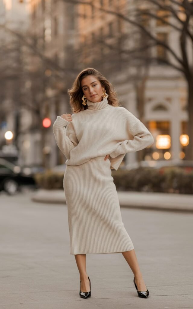 A natural-looking young woman wearing a matching knit set styled with statement heels and bold earrings. Theme date night outfit winter