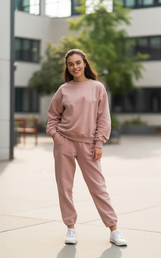 “A natural-looking young woman wearing a matching sweatshirt and jogger set with sneakers. Theme cute outfits for school”