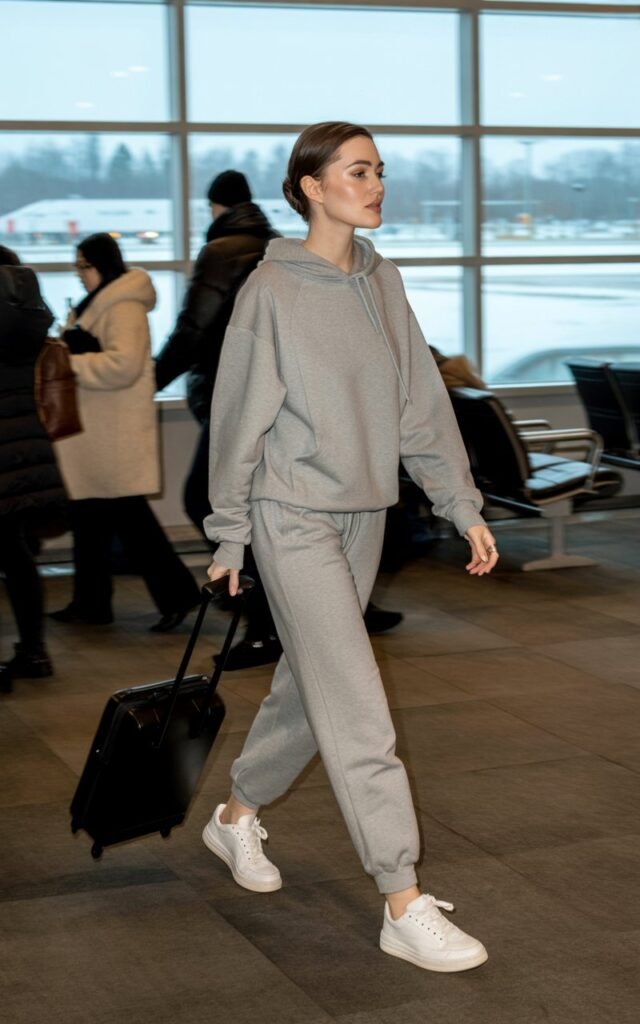 A natural-looking young woman wearing a matching sweatsuit with clean white sneakers. Theme airport outfit winter