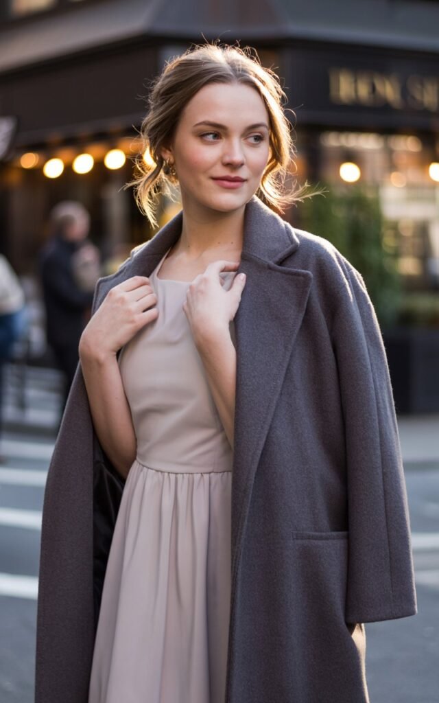 A natural-looking young woman wearing a midi dress layered under a long wool coat in neutral tones. Theme date night outfit winter