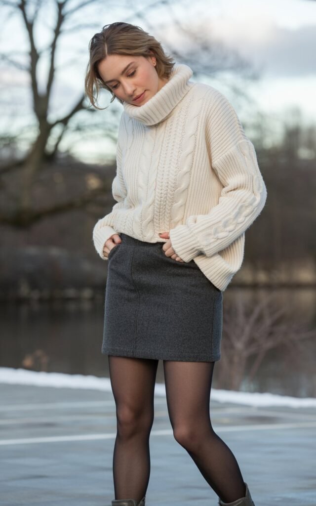 A natural-looking young woman wearing a mini skirt layered over thermal tights for warmth. Theme mini skirt outfit winter