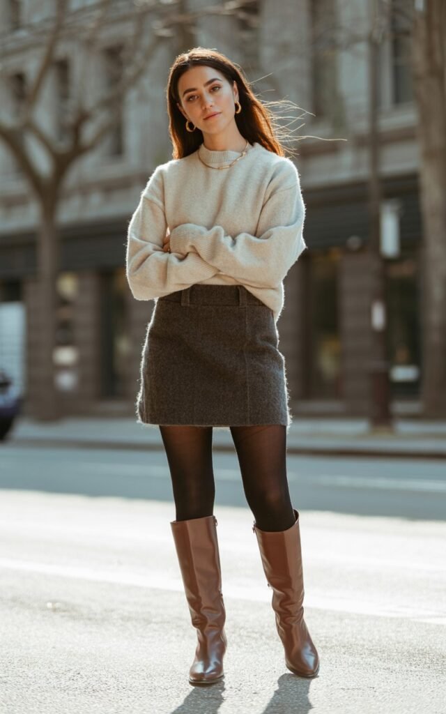A natural-looking young woman wearing a mini skirt outfit accessorized with minimal gold jewelry. Theme mini skirt outfit winter