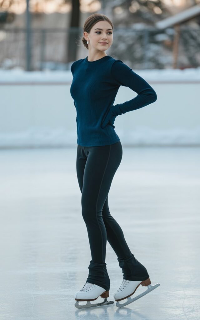 A natural-looking young woman wearing a minimal-accessory winter outfit styled with confidence. Theme ice skating outfit