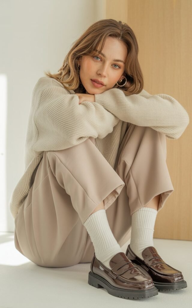 A natural-looking young woman wearing a minimal neutral outfit finished with chunky loafers and crew socks. Theme korean casual outfits