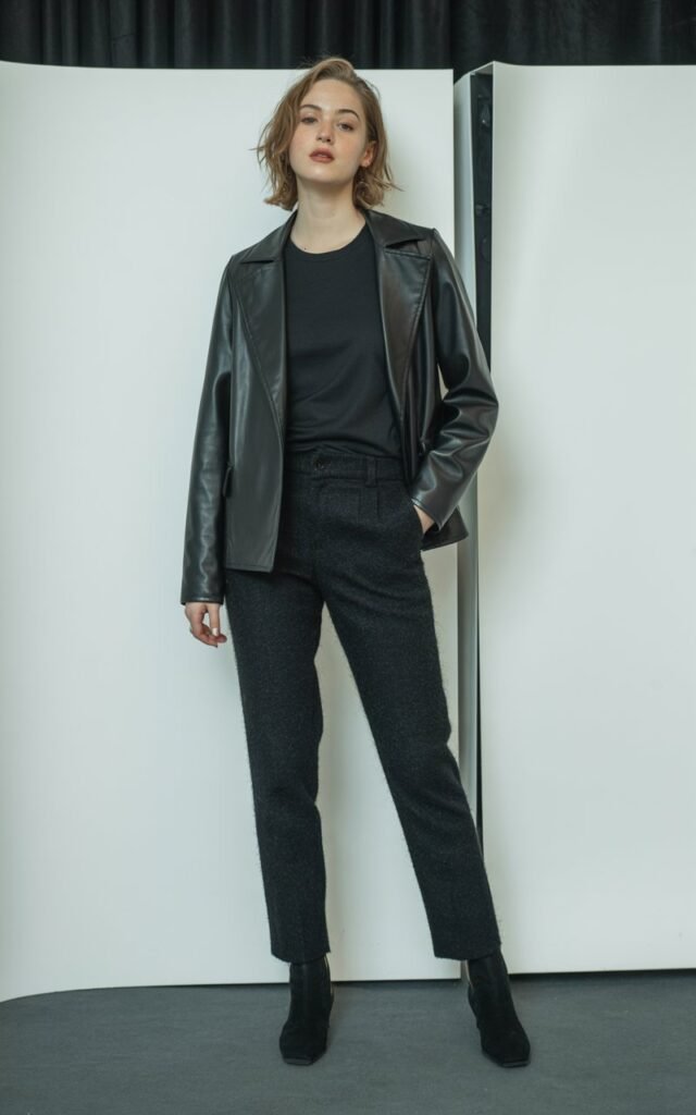 A natural-looking young woman wearing a monochrome all-black ensemble with mixed textures. Theme lookbook outfits