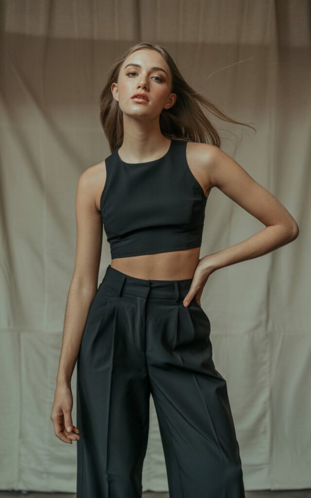A natural-looking young woman wearing a monochrome crop top outfit with high-waisted bottoms. Theme crop top outfits